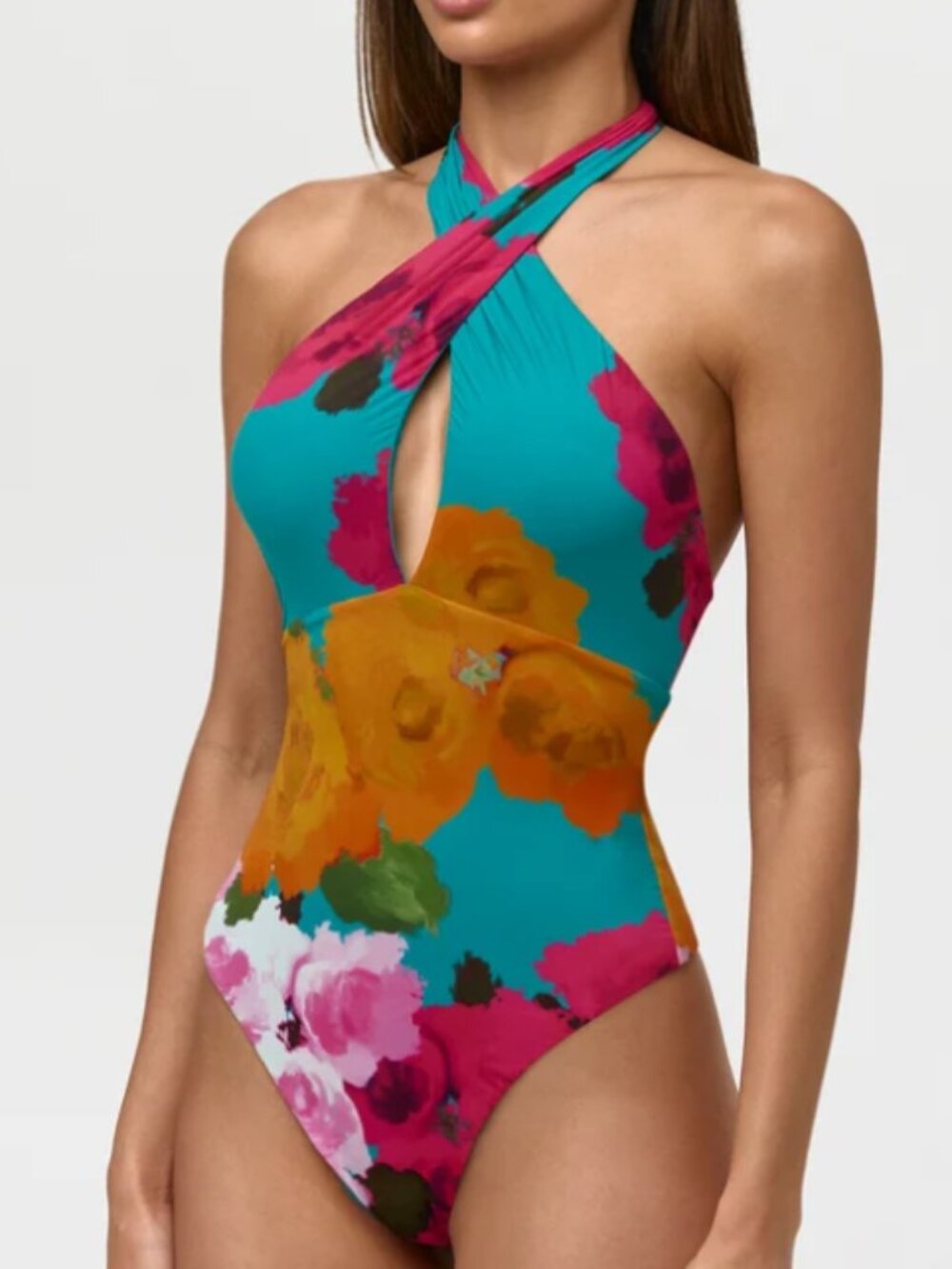 Naked Wardrobe Printed Halter Tie Bodysuit Floral Blue XL